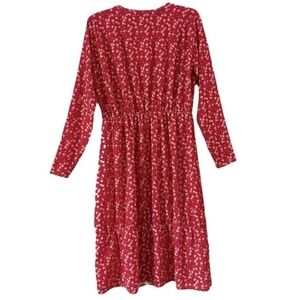 PrettyLittleThing | Rust Red Ditsy Floral Long Sleeve Tiered Dress, Size 4